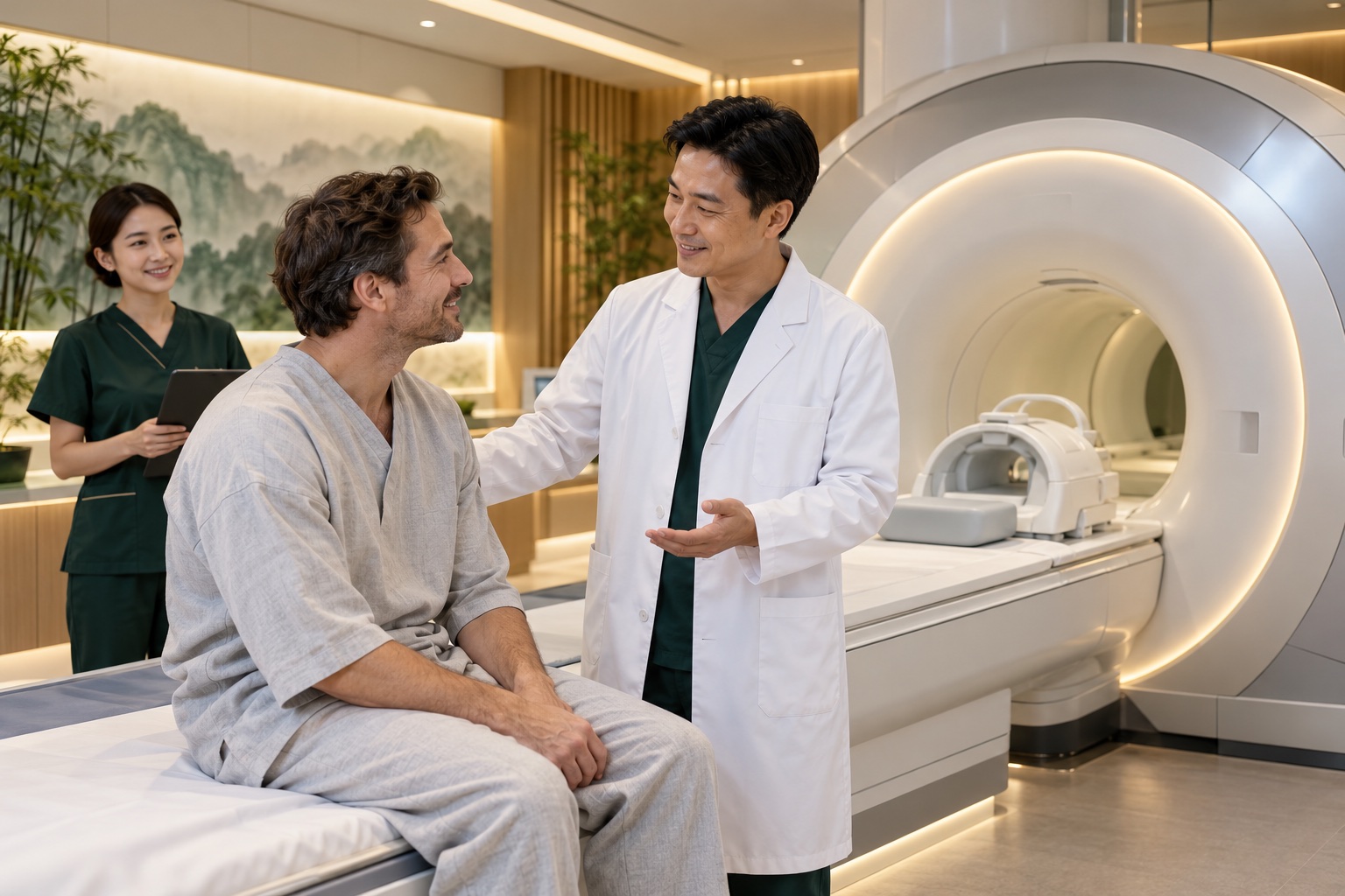 A doctor, nurse and international patient smiling beside modern MRI equipment