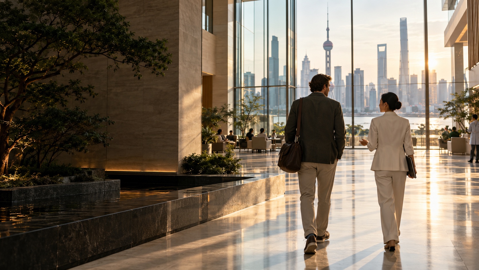 An international visitor walking through a bright medical atrium in China with a local care coordinator